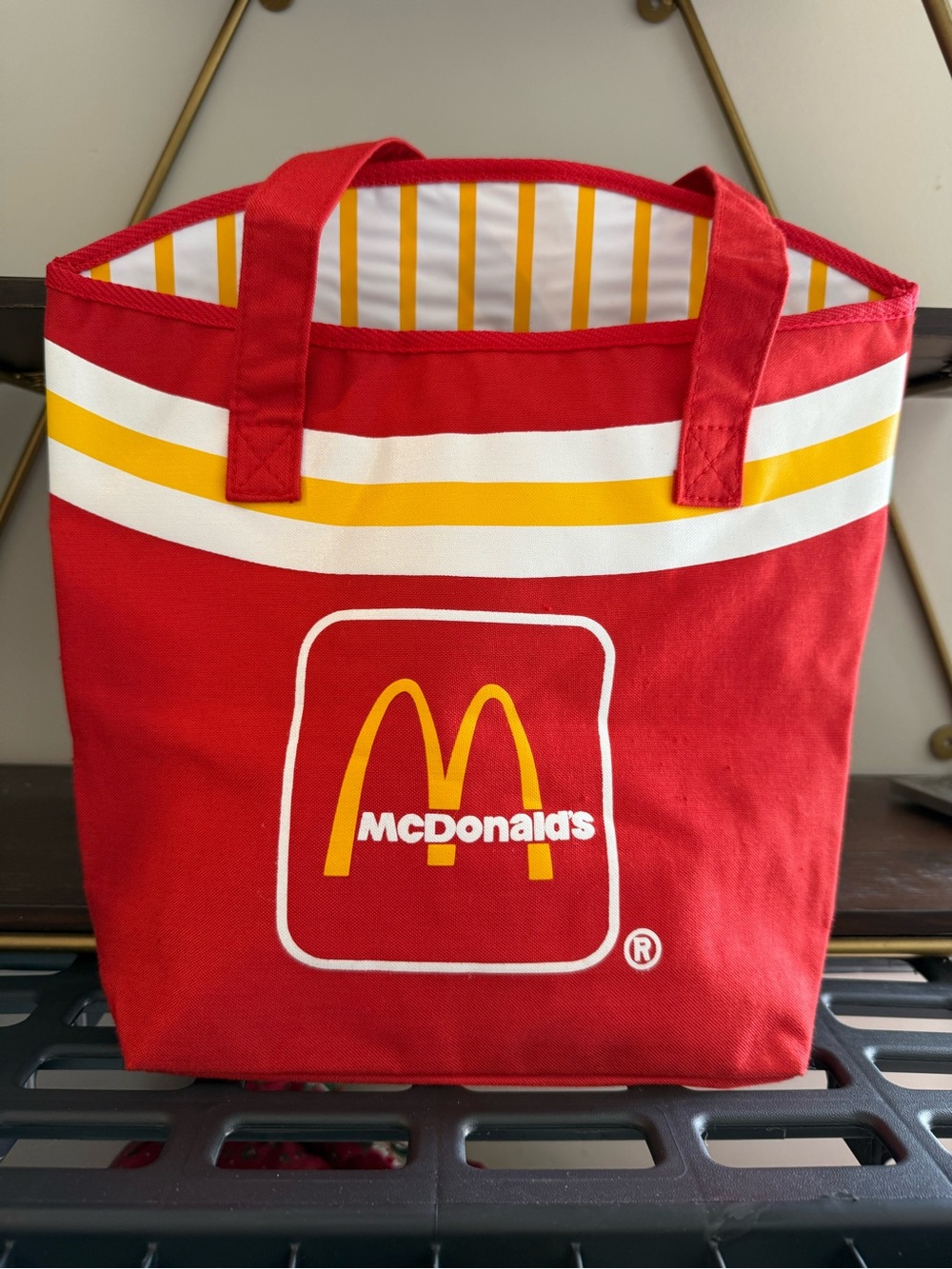 Vintage 80s McDonalds French Fry Canvas Tote Bag Red Striped Vinyl Lining Promo